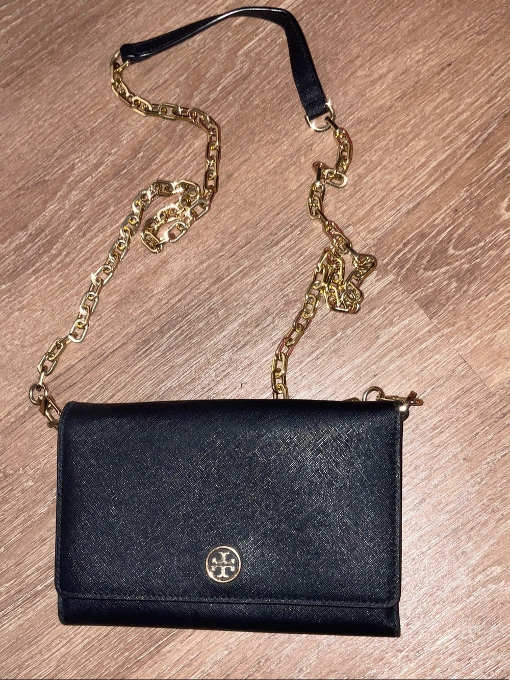 Tory Burch Black Leather Crossbody with Gold Chain Strap